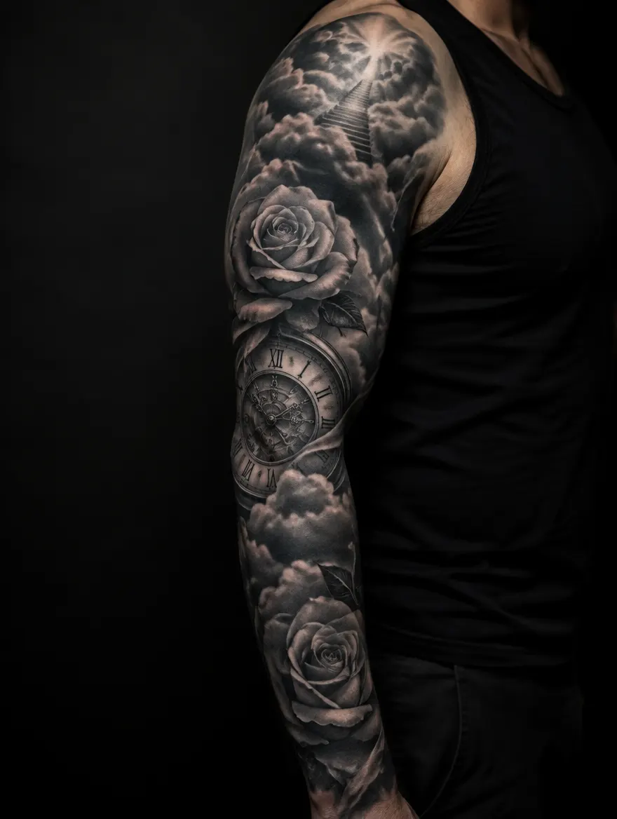 Sfeerbeeld: zwart-grijs sleeve met rozen, klok en wolken